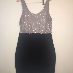 Express Two-Tone Sequin Bodice Midi Dress in Silver and Black